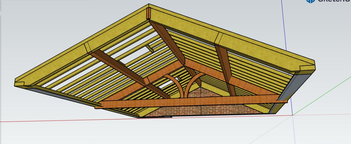 Plan 3D d'une charpente à croupe : fermes, pannes et chevrons